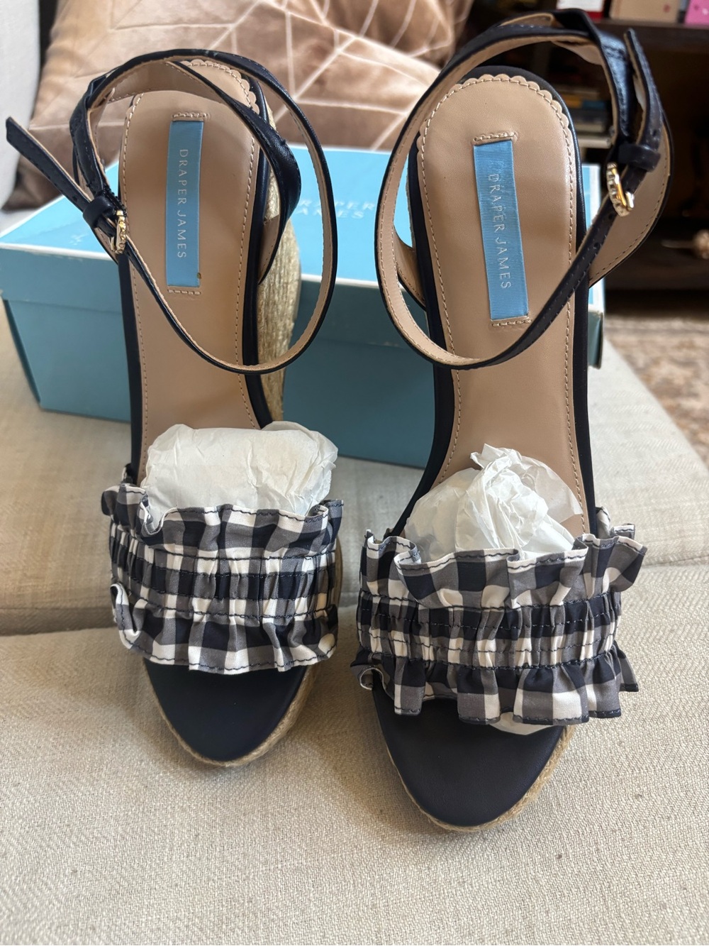 Draper James Abigail Navy Gingham Espadrille Wedge Sandals Sz 9 NWT